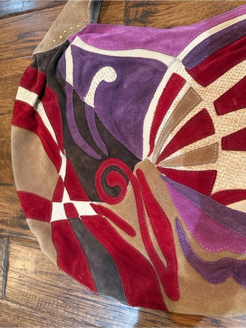 Y2K Vintage Lucky Brand Suede Patchwork Hobo in Red, Purple, Tan, Cream, Brown